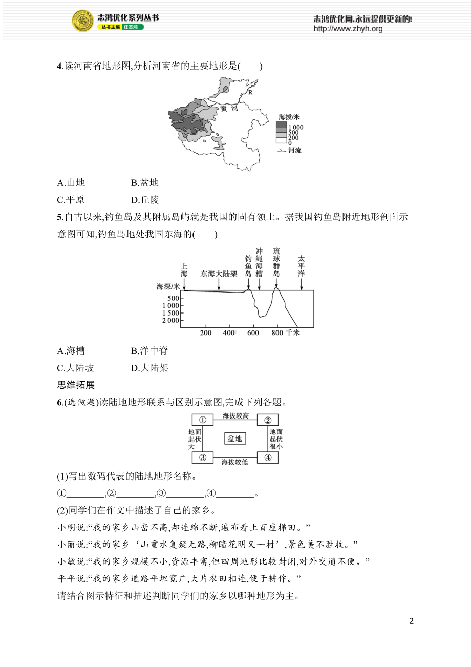 3.2世界的地形 同步练习（含答案）人教版（2024）地理七年级上册.docx_第2页