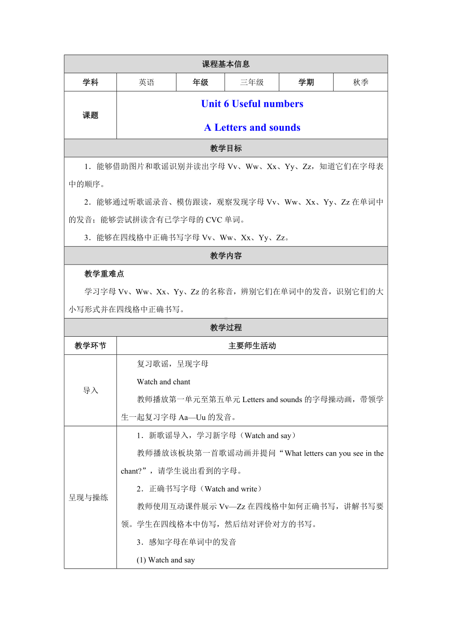 PEP三上英语Unit 6Part A Letters and sounds优质课教学设计.docx_第1页