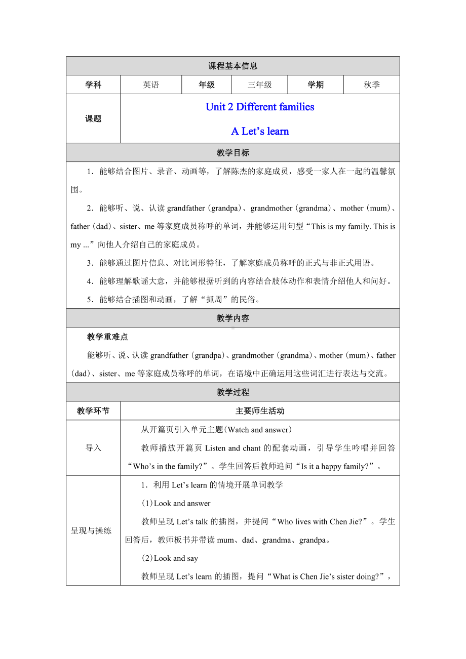 PEP三年级上英语Unit 2 Part A Let's learn优质课教学设计.docx_第1页