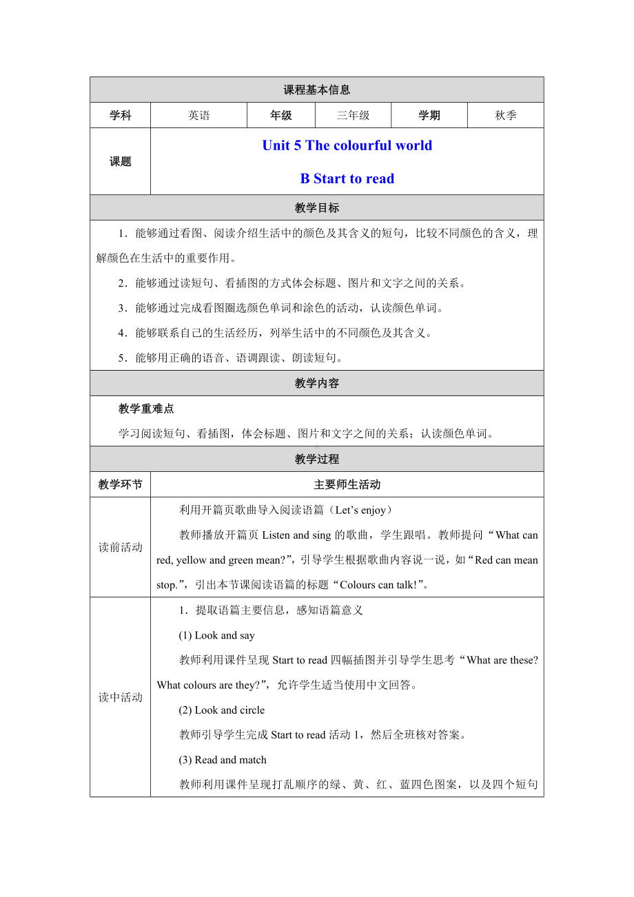 PEP三上英语Unit 5 Part B Start to read优质课教学设计.docx_第1页