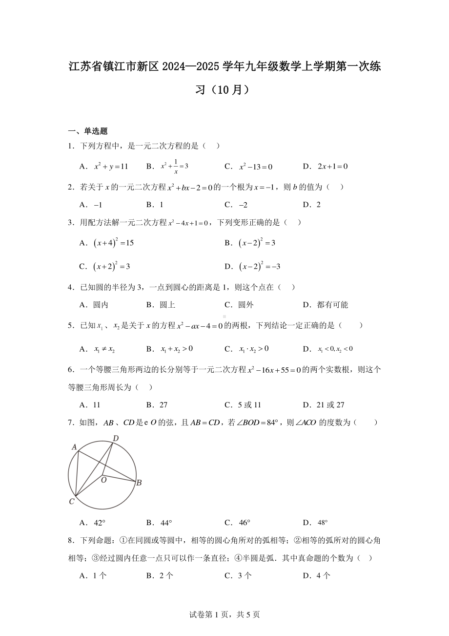 江苏省镇江市新区2024—2025学年九年级数学上学期第一次练习(10月).pdf_第1页