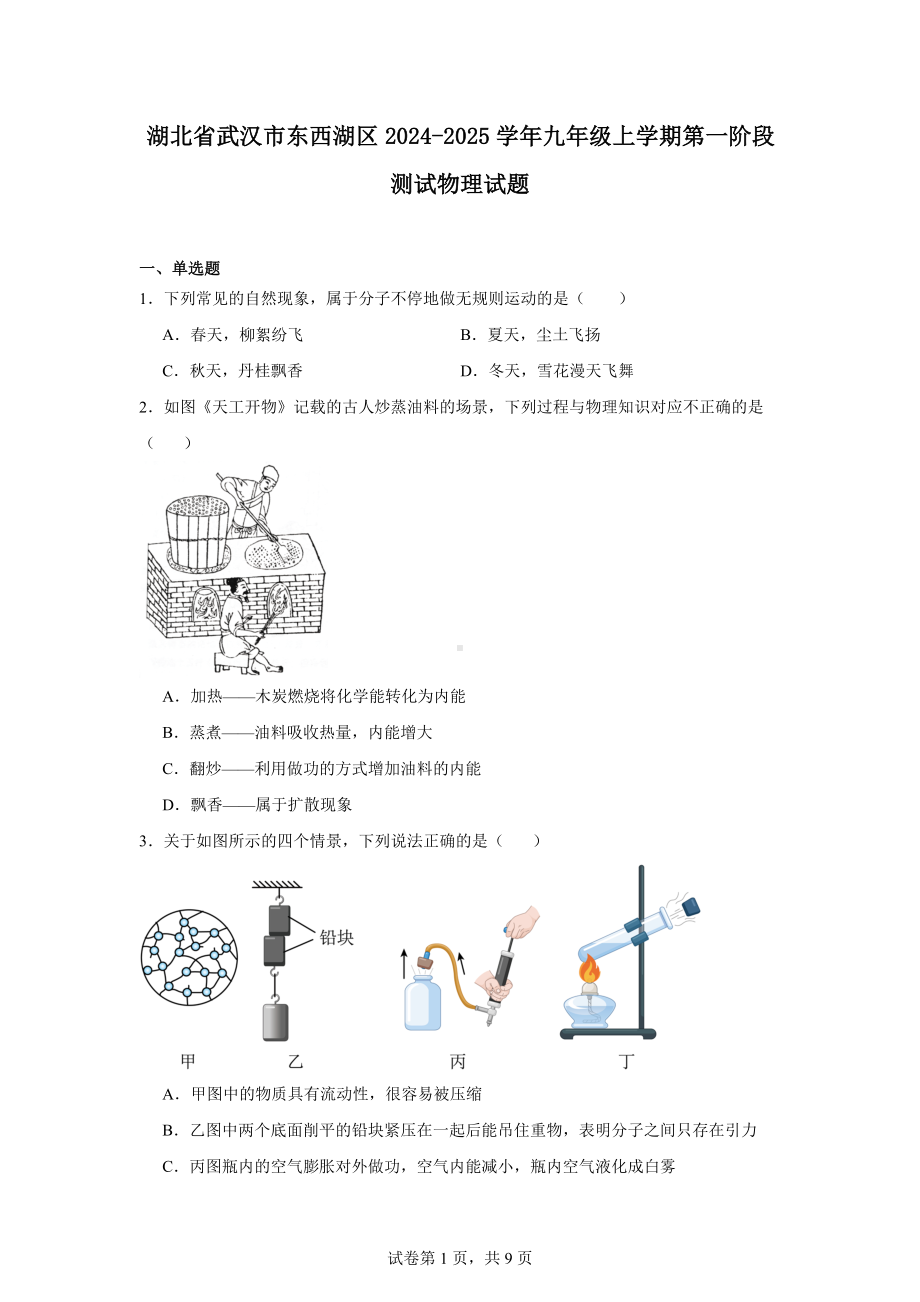 湖北省武汉市东西湖区2024-2025学年九年级上学期第一阶段测试物理试题.docx_第1页