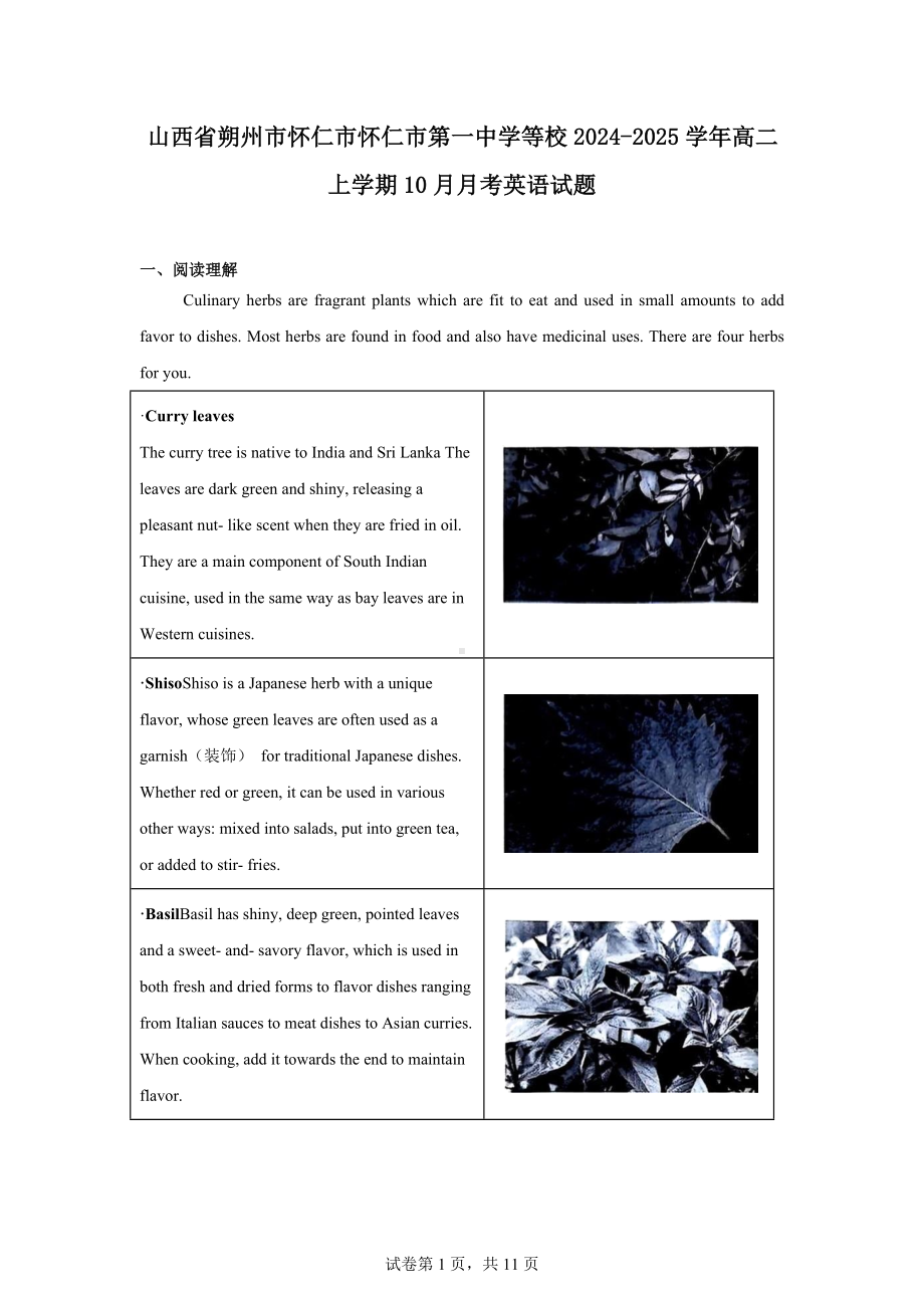 山西省朔州市怀仁市怀仁市第一中学等校2024-2025学年高二上学期10月月考英语试题.docx_第1页