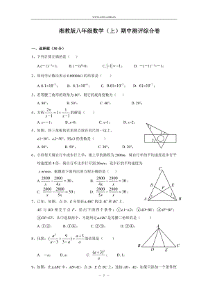 湘教版八年级数学(上)期中测评综合试卷(含答案).doc