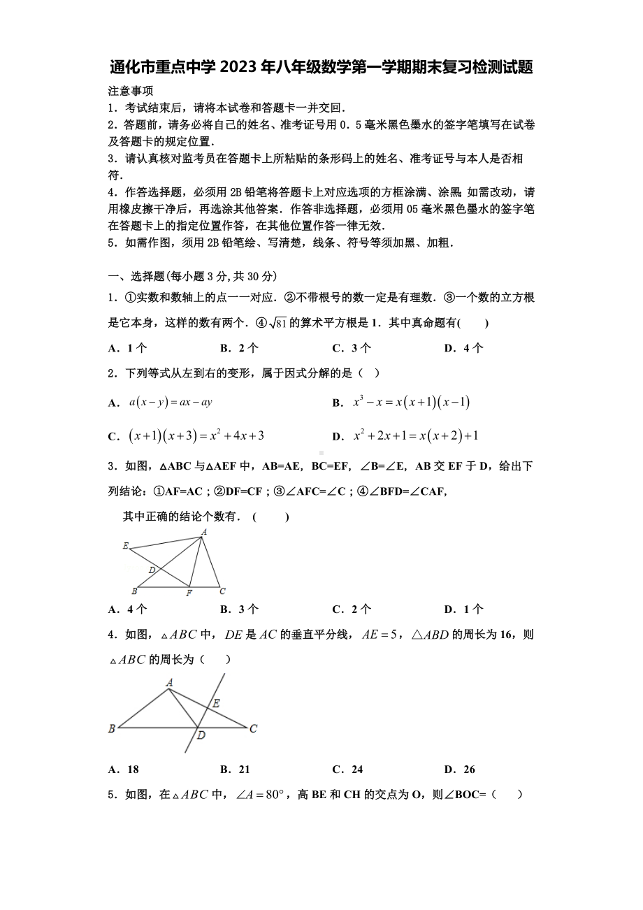 通化市重点中学2023年八年级数学第一学期期末复习检测试题【含解析】.doc_第1页