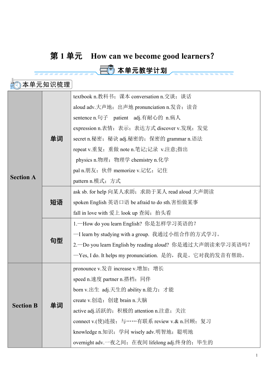 人教新目标版九年级全一册英语Unit 1Section A 第1课时(导学案).doc_第1页