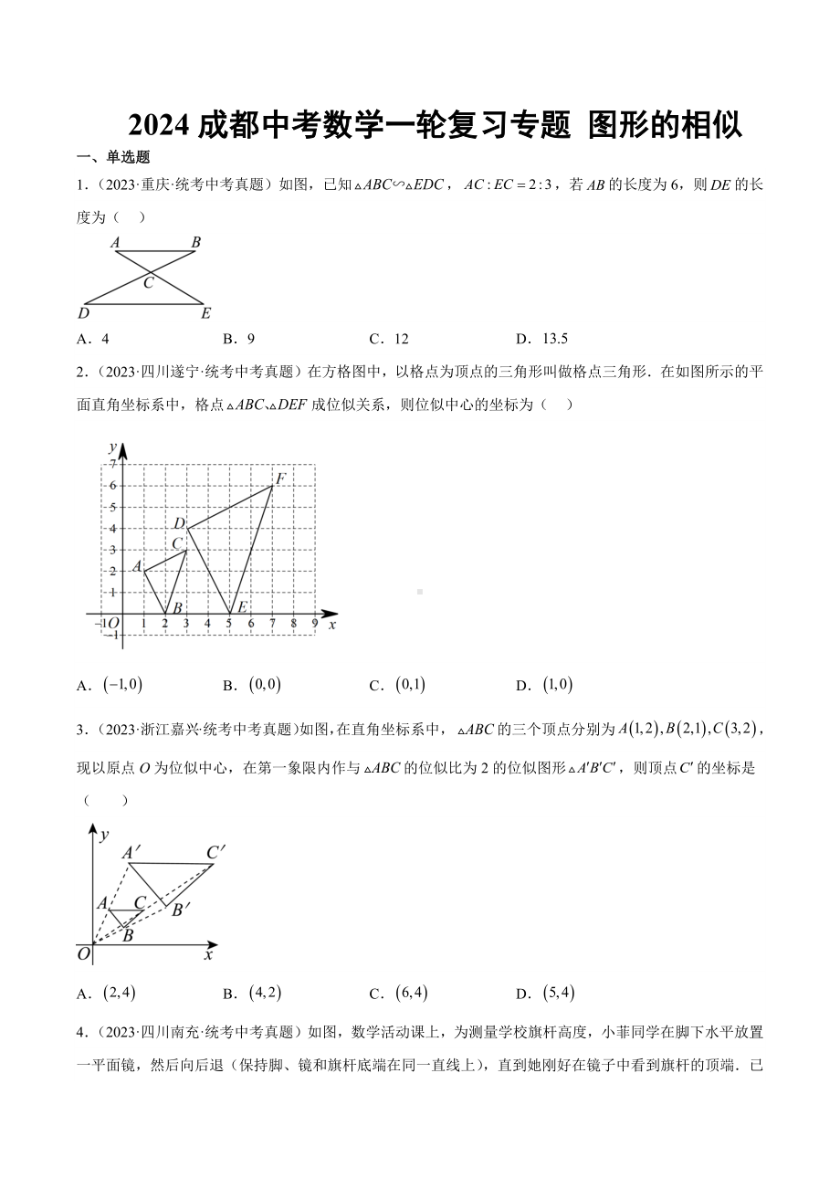 2024成都中考数学一轮复习专题 图形的相似 (含解析).docx_第1页