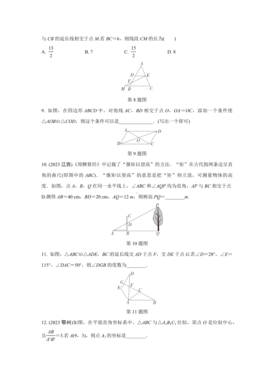 2024成都中考数学第一轮专题复习之第四章 第三节 全等与相似三角形的性质与判定(含位似) 知识精练(含答案).docx_第3页