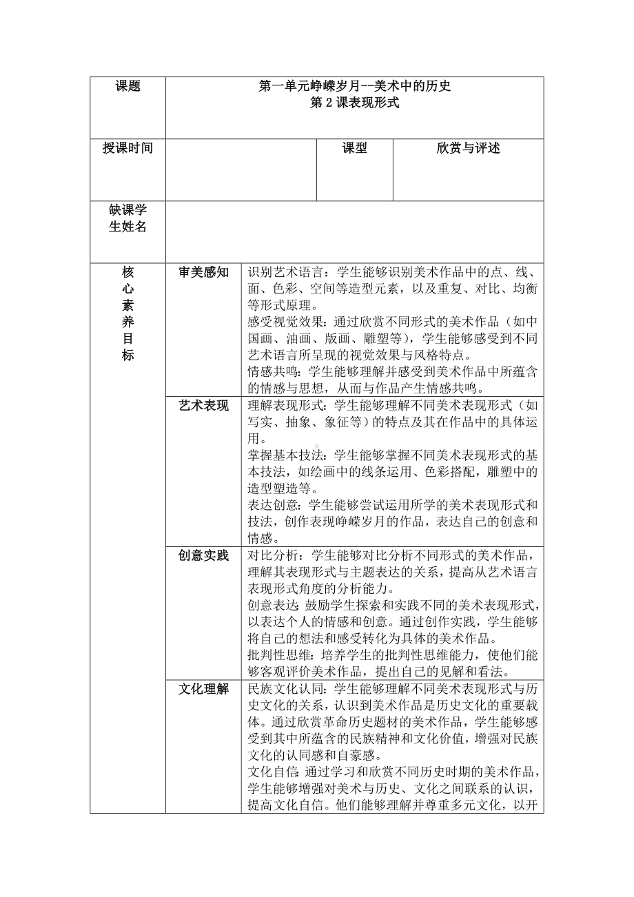 第一单元 第2课 　表现形式　 教学设计-2024新人教版七年级上册《美术》.docx_第1页