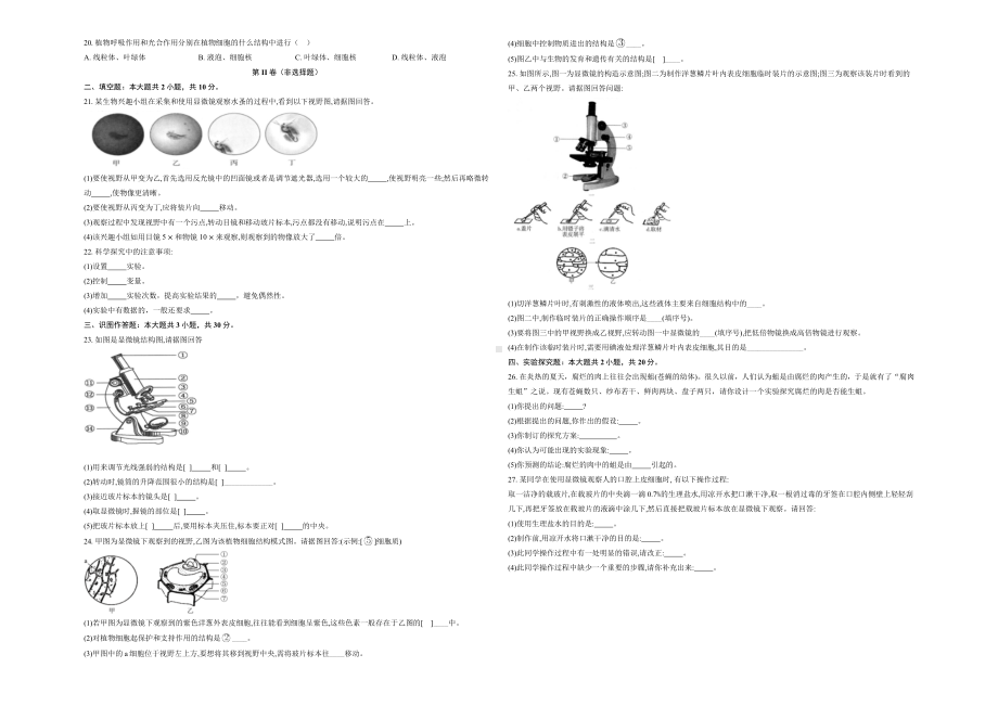 1.1认识细胞章节检测-2024新苏教版七年级上册《生物》.docx_第2页