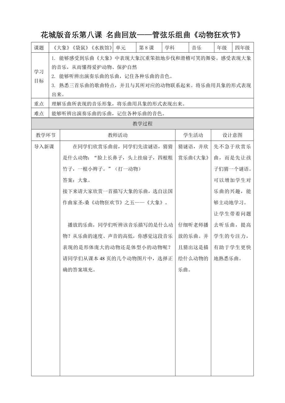 第8课第3课时《动物狂欢节》ppt课件+教案-2024新花城版四年级上册《音乐》.rar