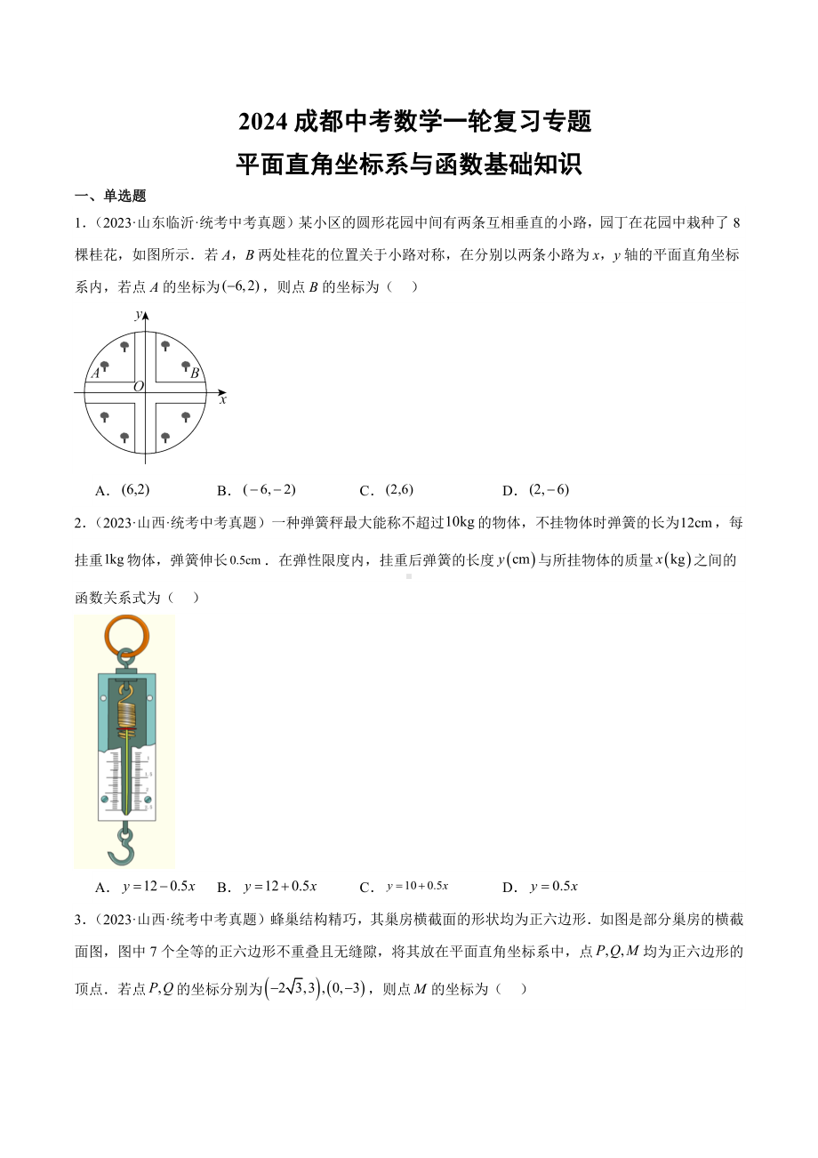 2024成都中考数学一轮复习专题 平面直角坐标系与函数基础知识 (含解析).docx_第1页