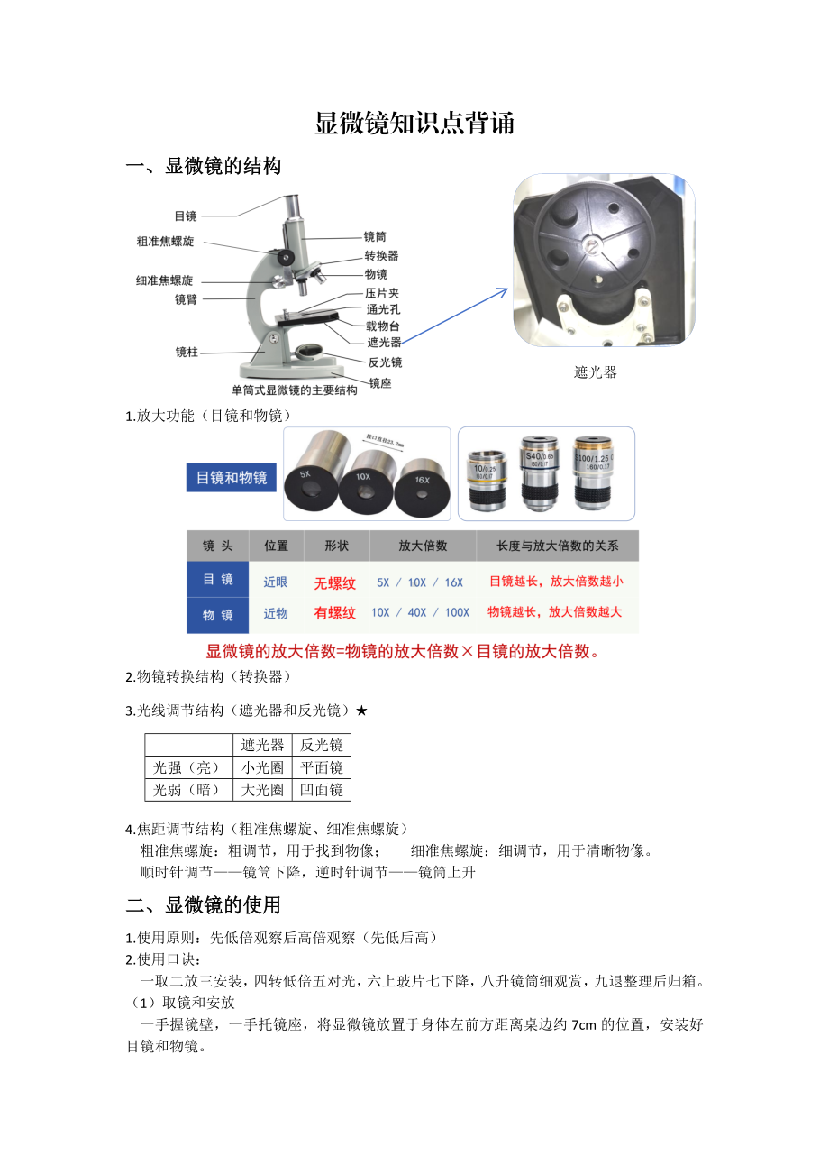 2024新苏教版七年级上册《生物》显微镜知识点背诵.docx_第1页