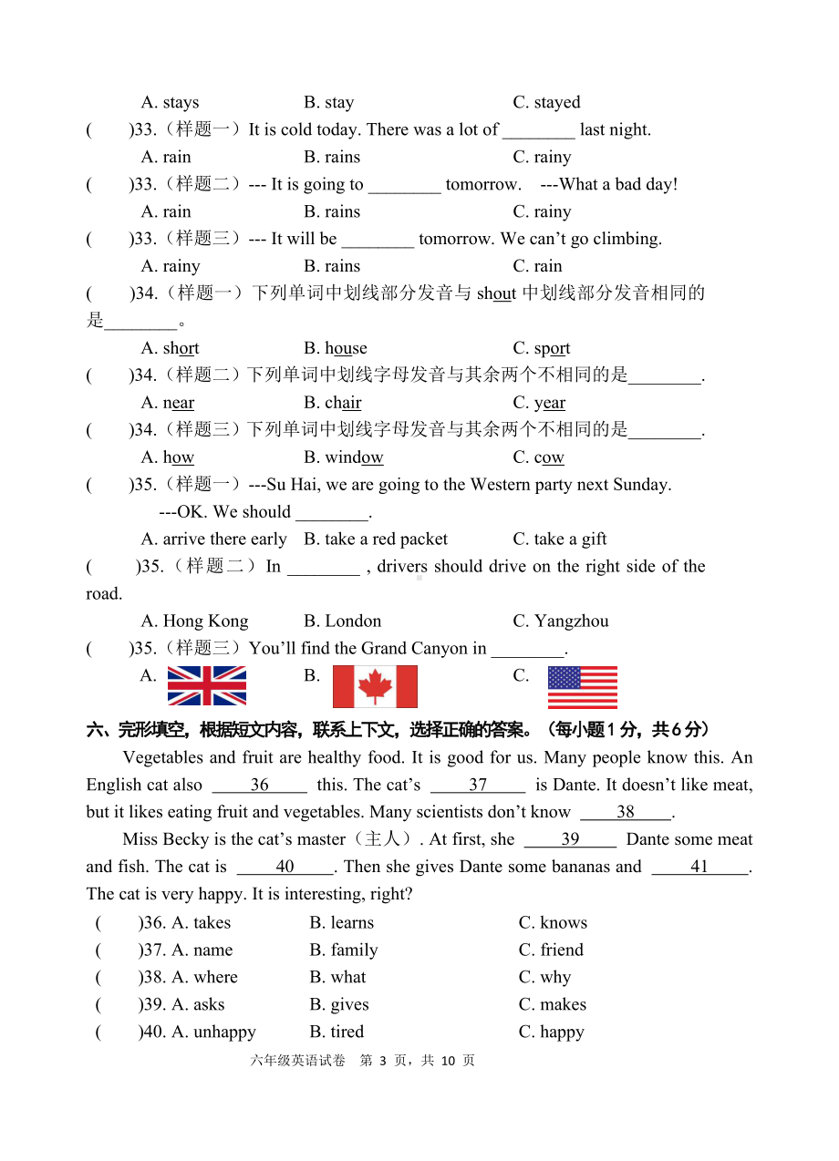 扬州市译林版六年级英语下册期末测试卷（样卷）.docx_第3页