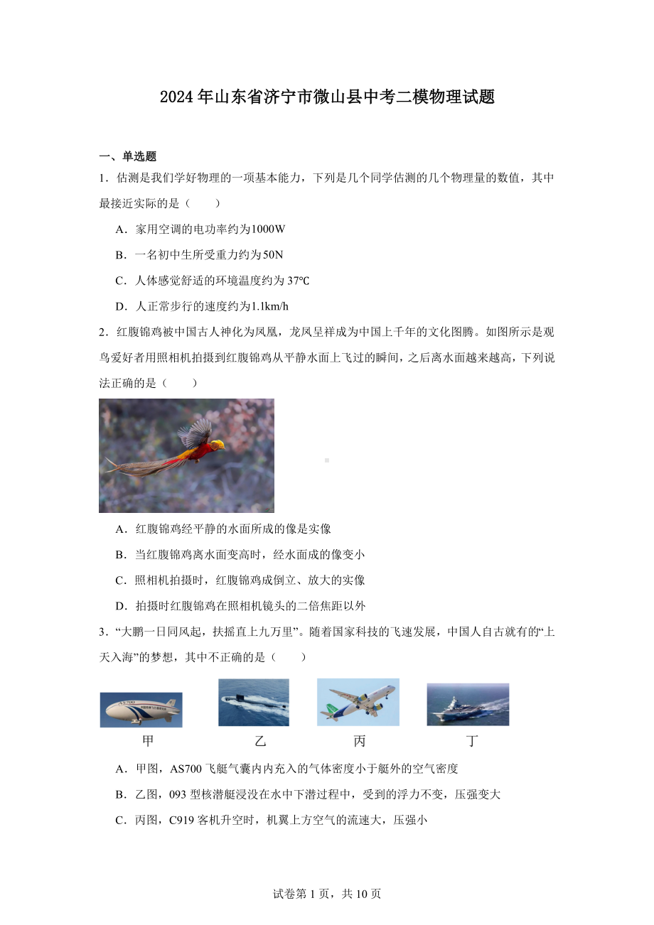 2024年山东省济宁市微山县中考二模物理试题.docx_第1页