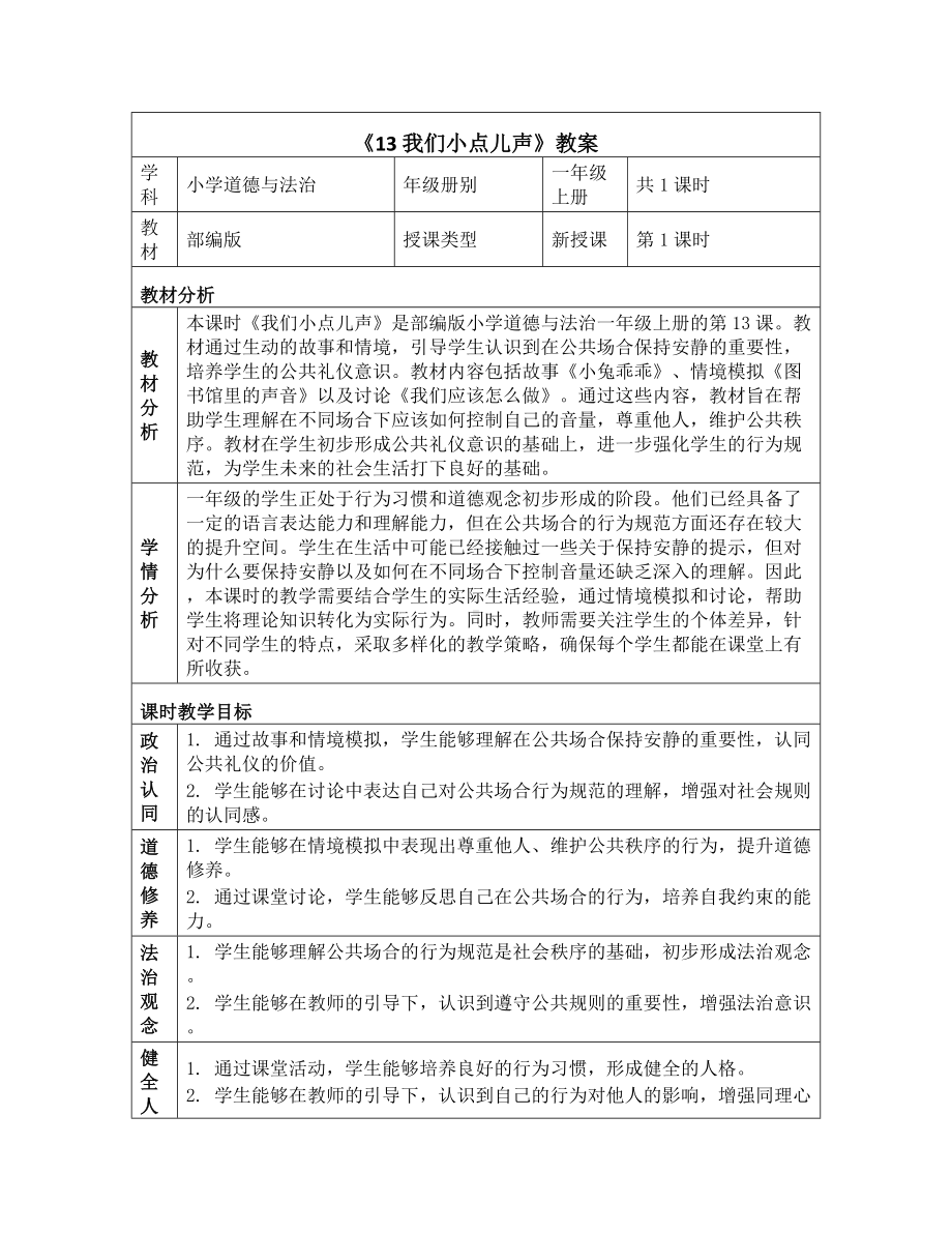 《13 我们小点儿声》教学设计-（2024）统编版一年级上册《道德与法治》.docx_第1页