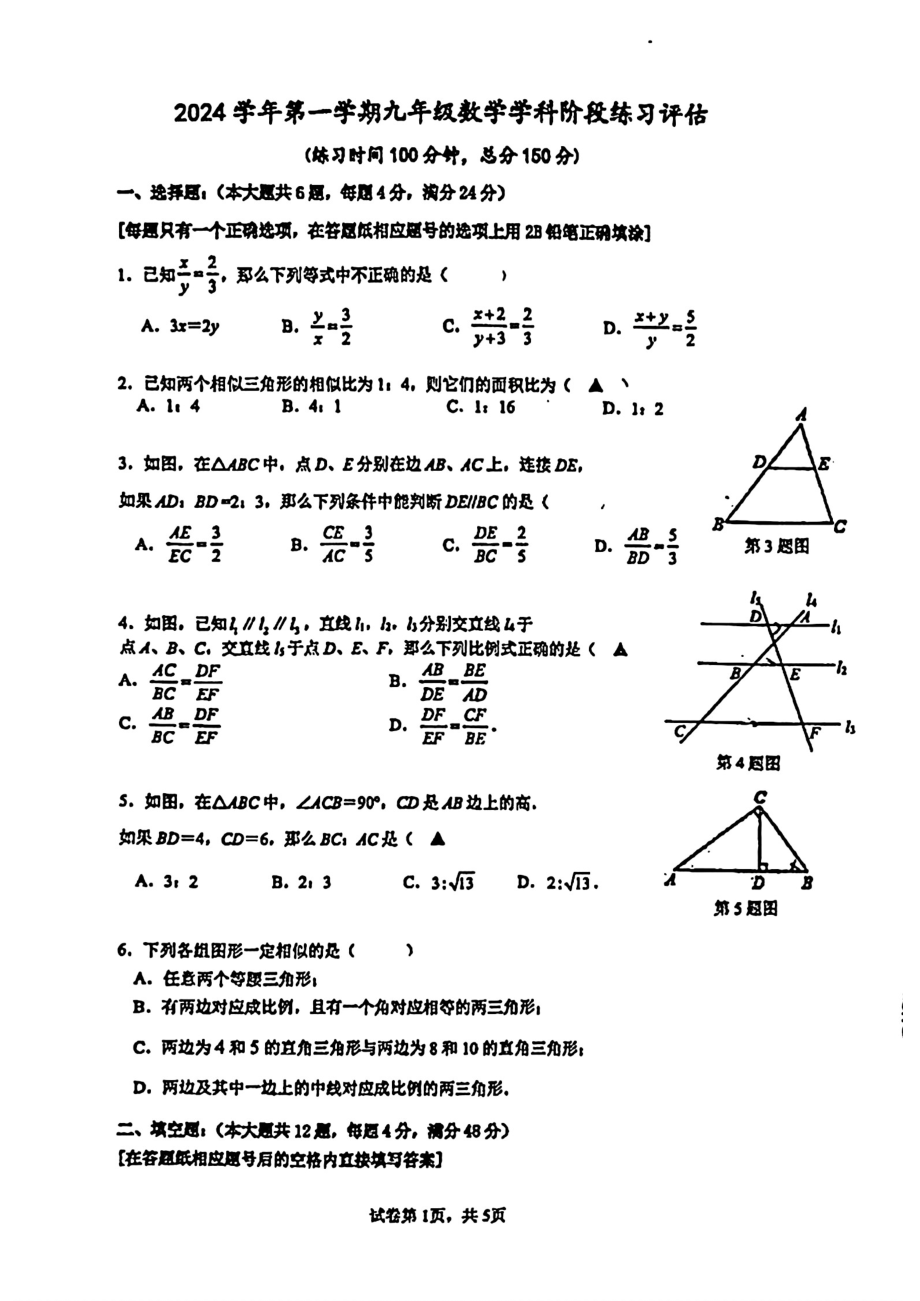 上海市嘉定区疁城实验学校2024-2025学年九年级上学期9月月考数学试题 - 副本.pdf_第1页