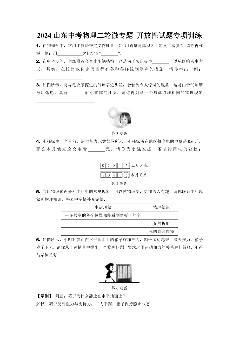 2024山东中考物理二轮微专题 开放性试题专项训练(含答案).docx_第1页