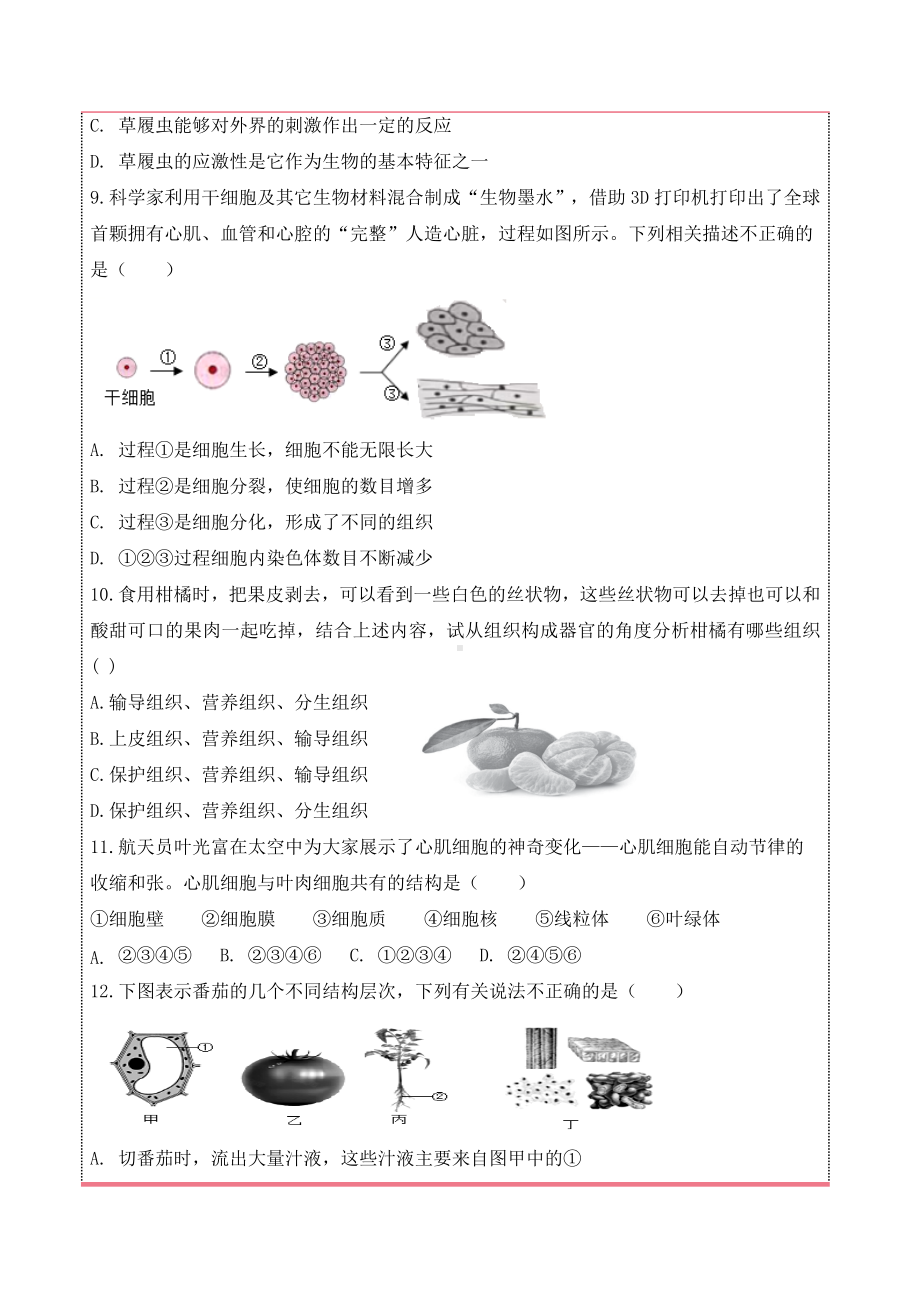 2024新济南版七年级上册《生物》第一单元奇妙的生命现象单元检测.docx_第3页