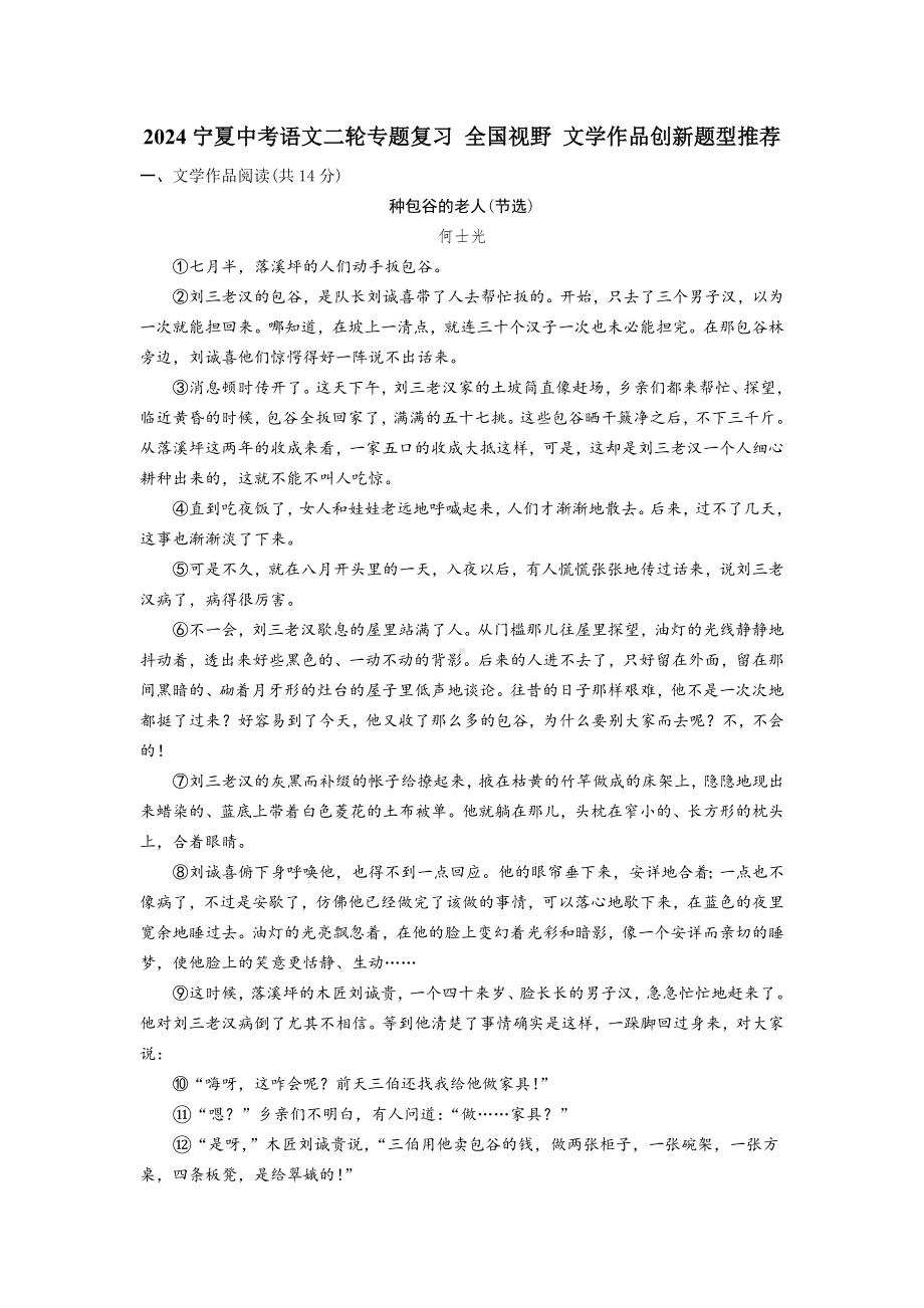 2024宁夏中考语文二轮专题复习 全国视野 文学作品创新题型推荐 (含答案).docx_第1页