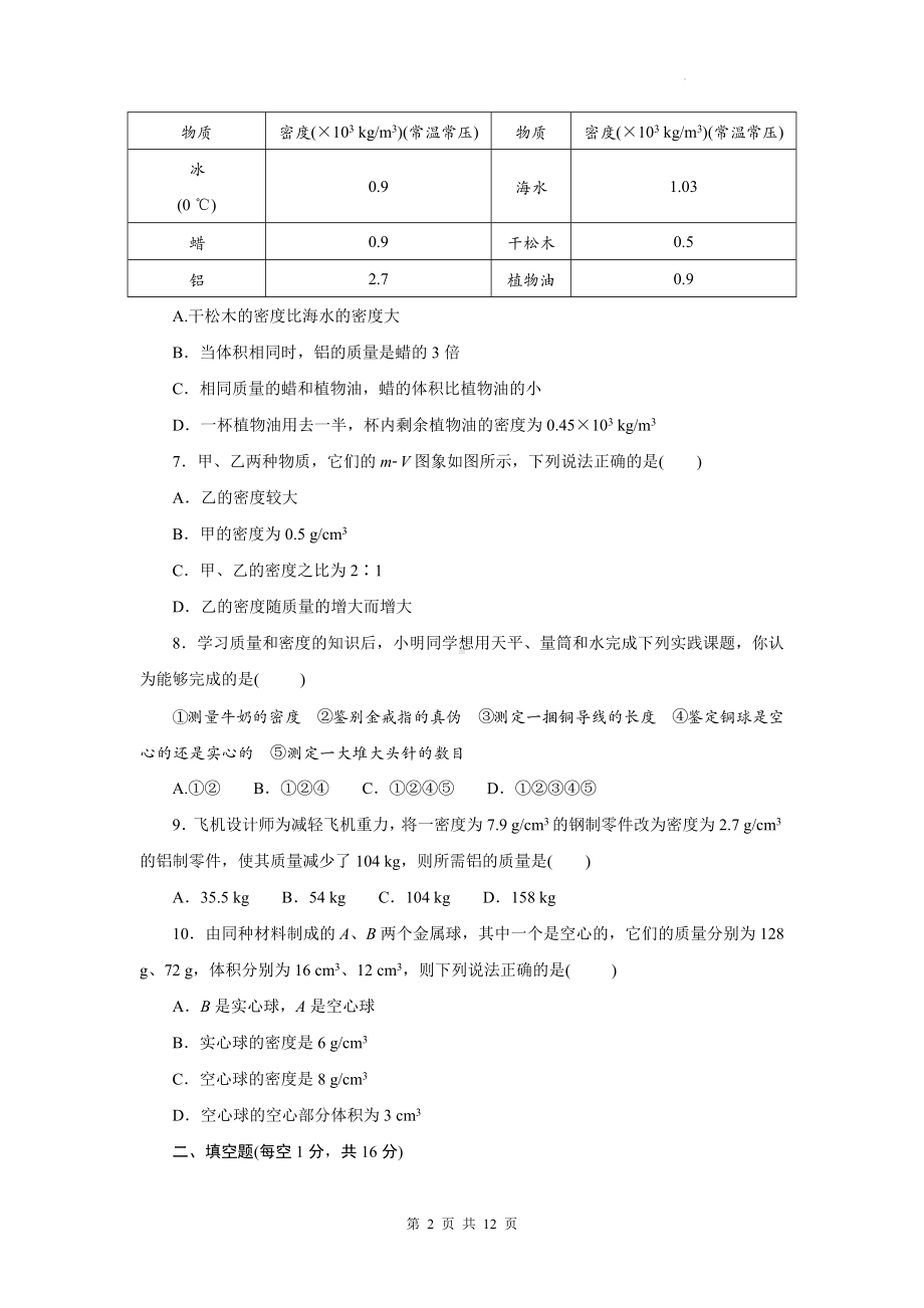 人教版(2024)八年级上册物理第六章《质量与密度》学业质量测试卷（含答案）.docx_第2页