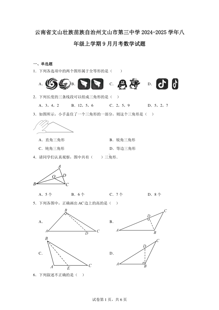 云南省文山壮族苗族自治州文山市第三中学2024-2025学年八年级上学期9月月考数学试题.pdf_第1页