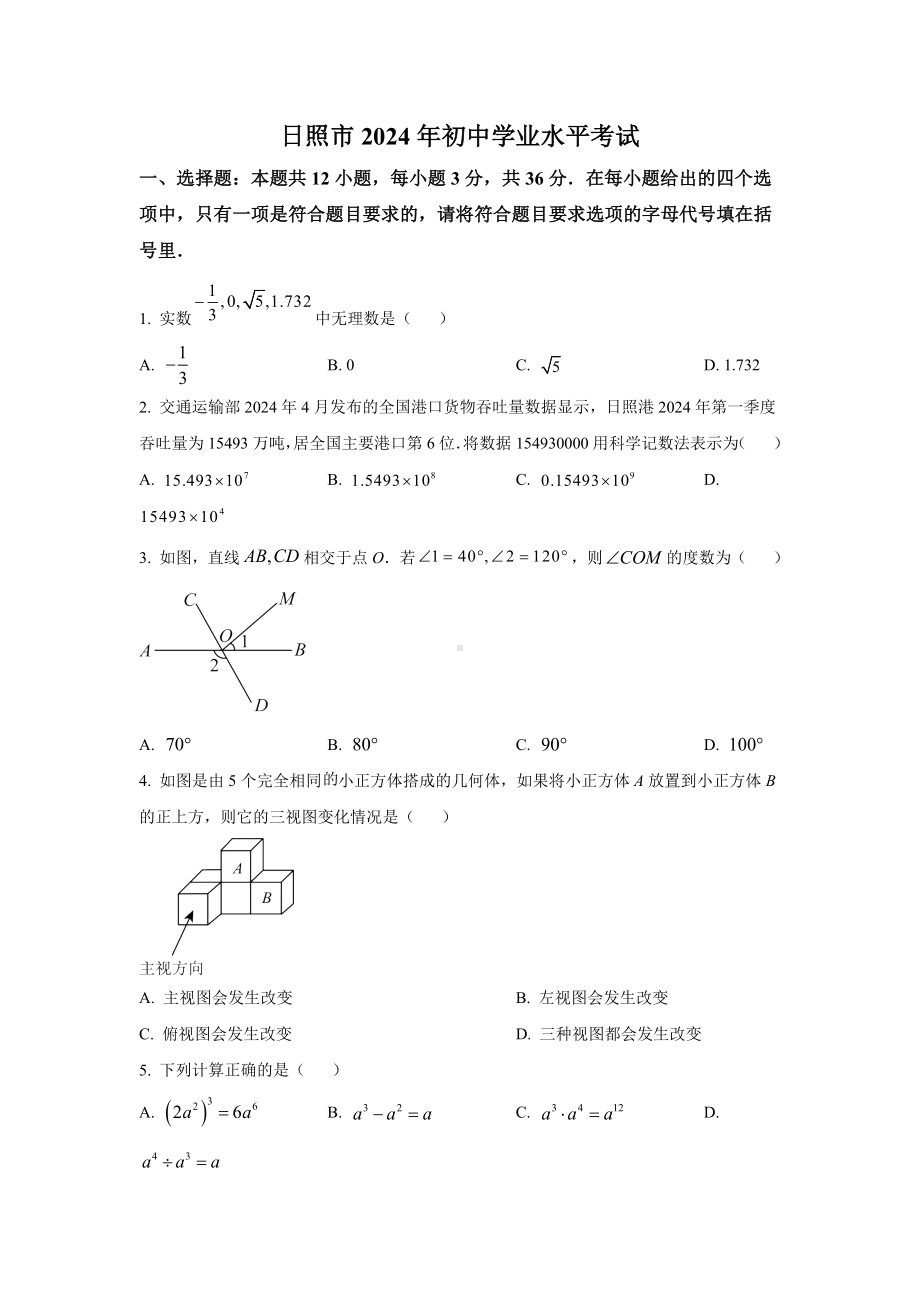 2024年山东省日照市中考数学试卷及答案.docx_第1页