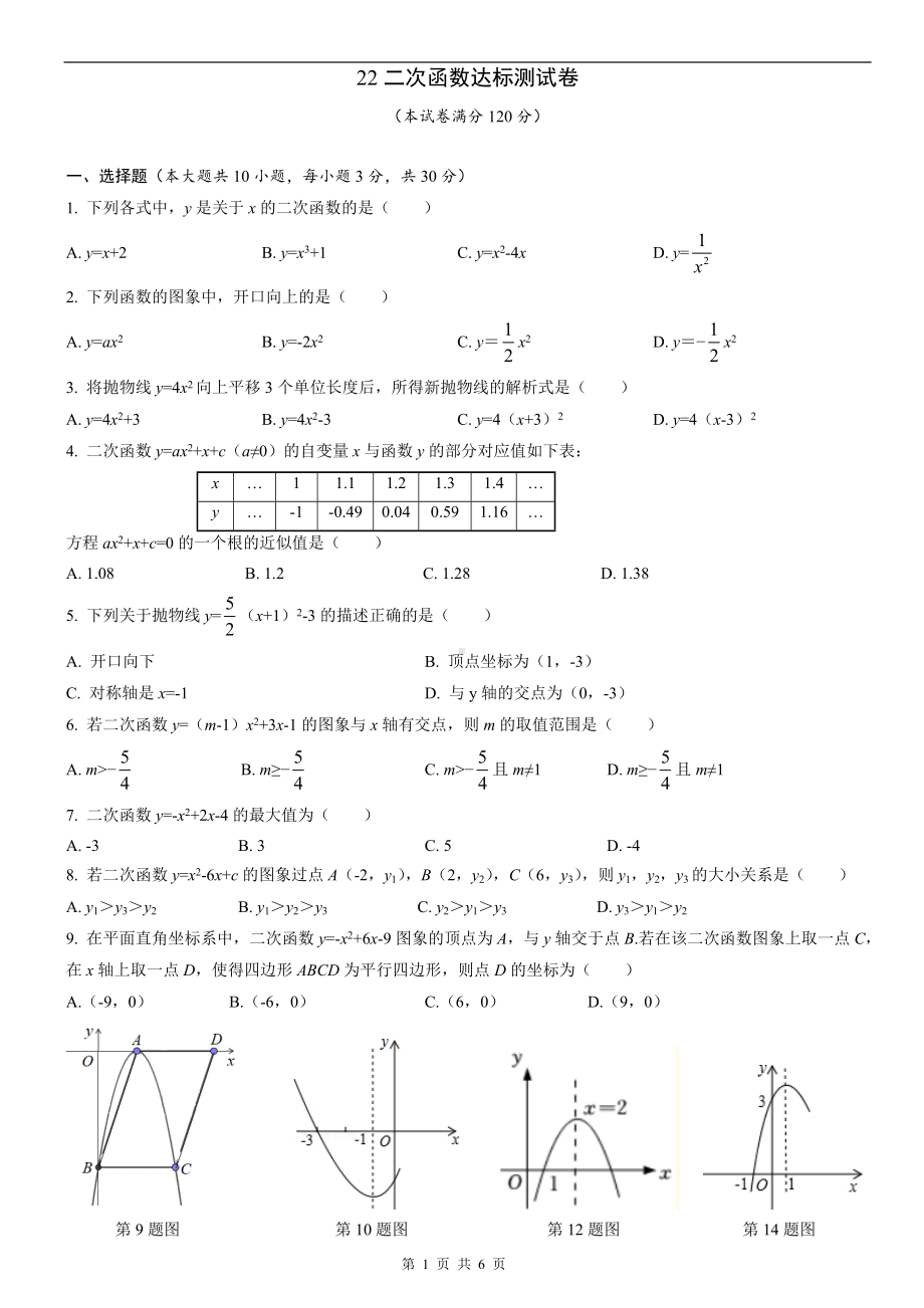 22 二次函数 达标测试卷 人教版数学九年级上册.doc_第1页