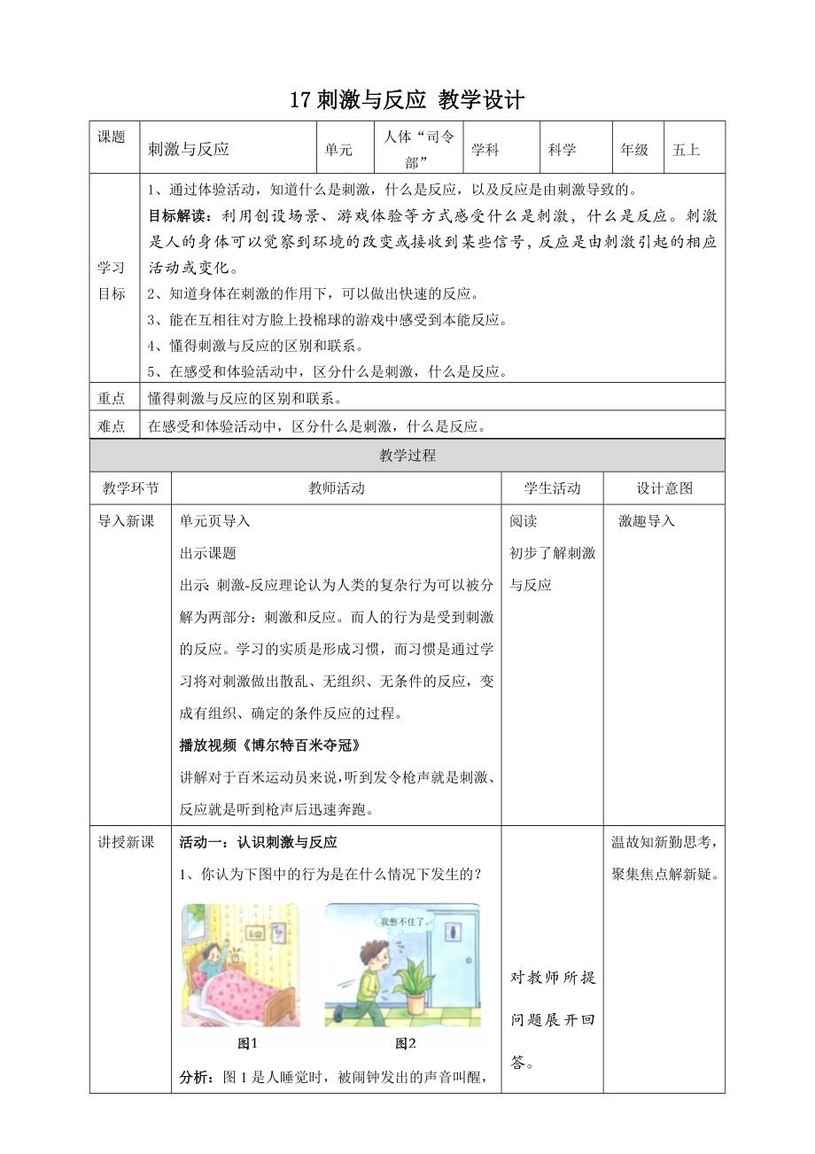 5.17 刺激与反应 ppt课件+教案+试题+素材-2024新苏教版五年级上册《科学》.rar