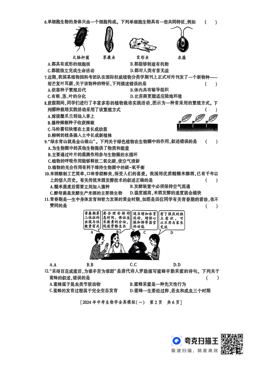 2024年陕西省渭南市初中学业水平考试生物学全真模拟（一）.pdf_第2页