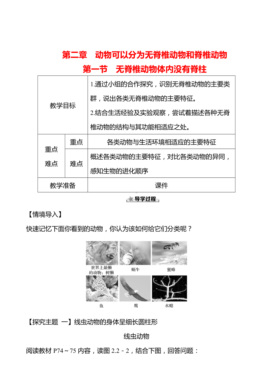 2.2.1无脊椎动物体内没有脊柱教案 -2024新济南版七年级上册《生物》.docx_第1页