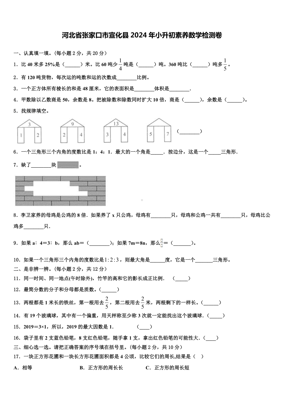 河北省张家口市宣化县2024年小升初素养数学检测卷含解析.doc_第1页