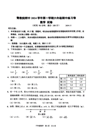 上海市青浦区教师进修学院附属中学2024-2025学年六年级上学期期中考试数学试卷 - 副本.pdf