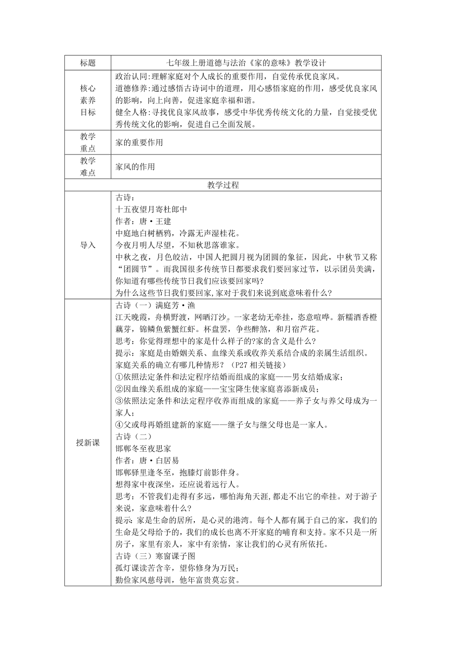 4.1《家的意味》表格式教学设计[核心素养目标]-（2024新部编）统编版七年级上册《道德与法治》.docx_第1页