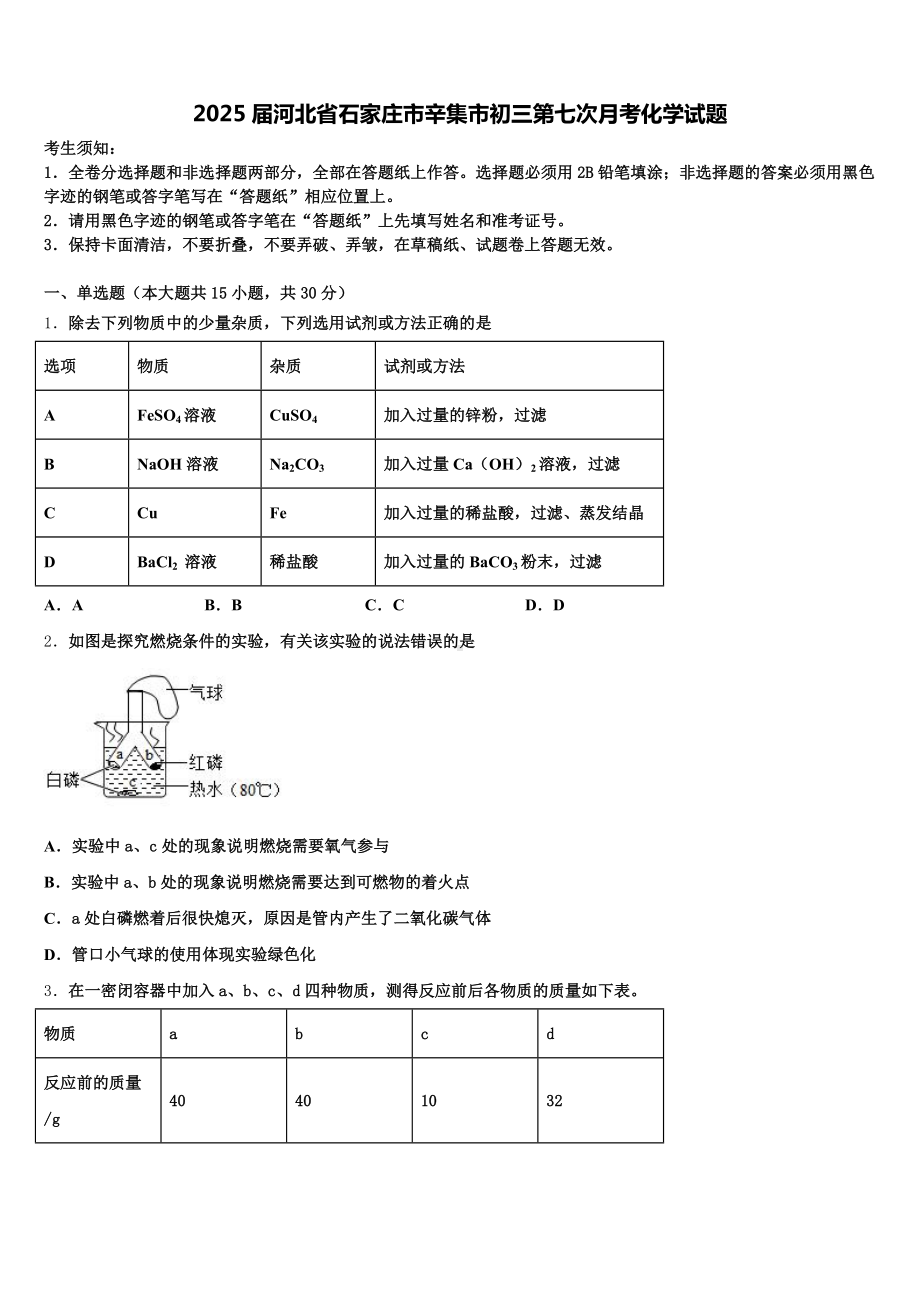 2025届河北省石家庄市辛集市初三第七次月考化学试题含解析.doc_第1页