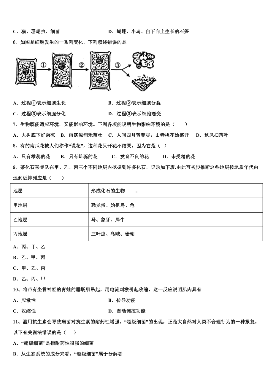 2023-2024学年福建省龙岩市(五县重点中学毕业升学考试模拟卷生物卷含解析.doc_第2页