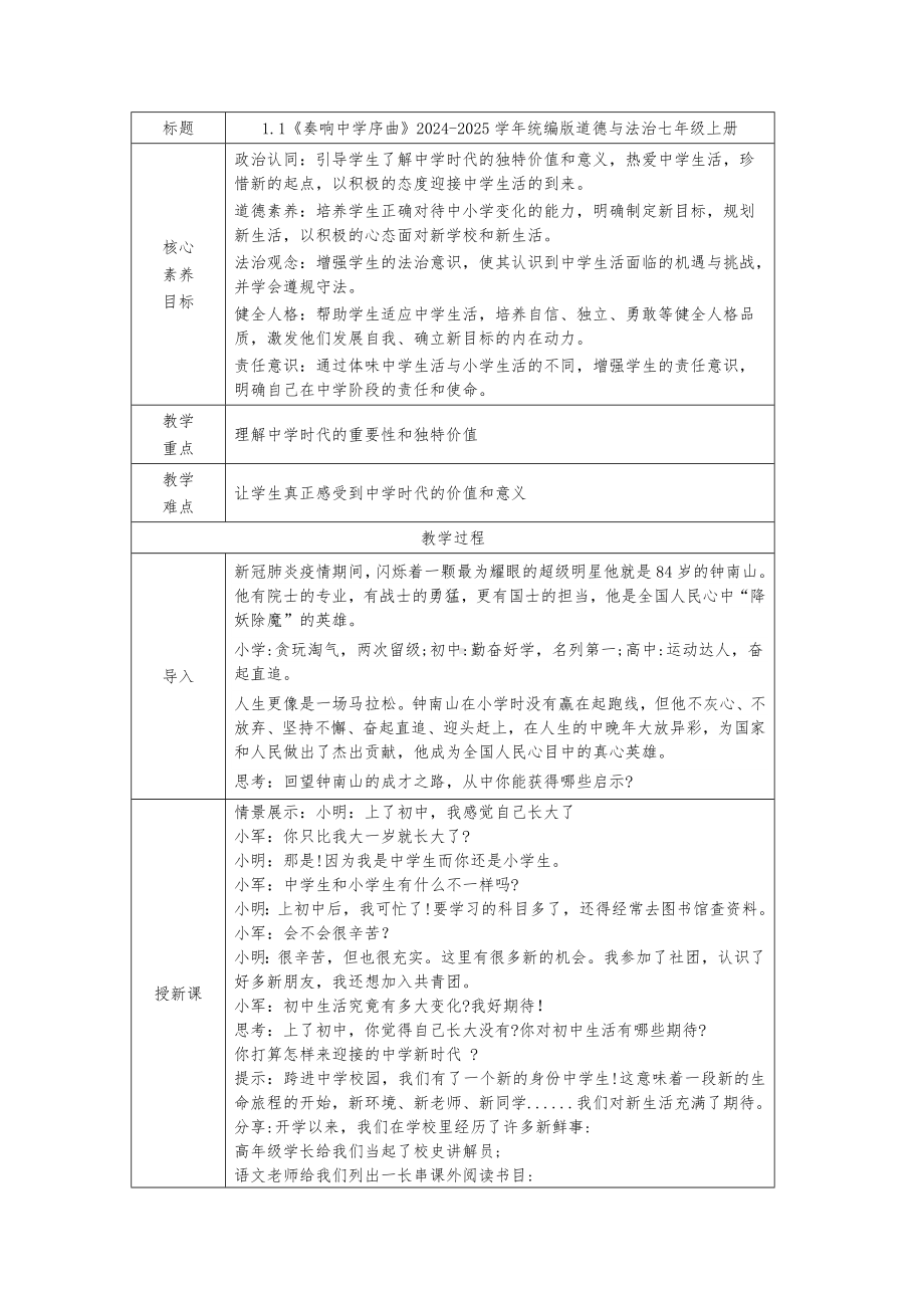 1.1《奏响中学序曲》表格式教案[核心素养目标]-（2024新部编）统编版七年级上册《道德与法治》.docx_第1页