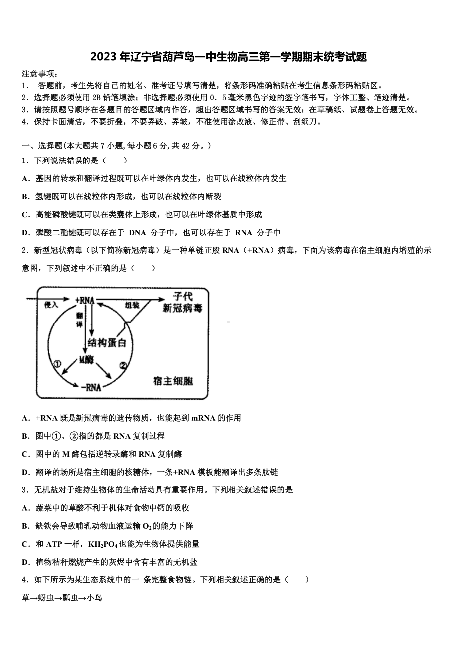 2023年辽宁省葫芦岛一中生物高三第一学期期末统考试题含解析.doc_第1页