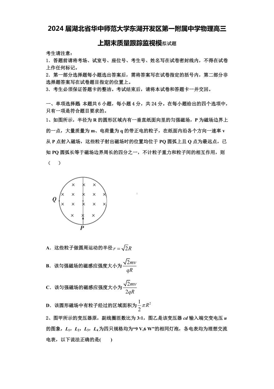 2024届湖北省华中师范大学东湖开发区第一附属中学物理高三上期末质量跟踪监视模拟试题含解析.doc_第1页