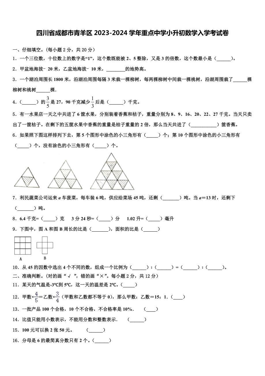 四川省成都市青羊区2023-2024学年重点中学小升初数学入学考试卷含解析.doc_第1页