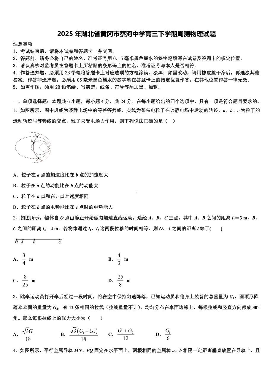 2025年湖北省黄冈市蔡河中学高三下学期周测物理试题含解析.doc_第1页