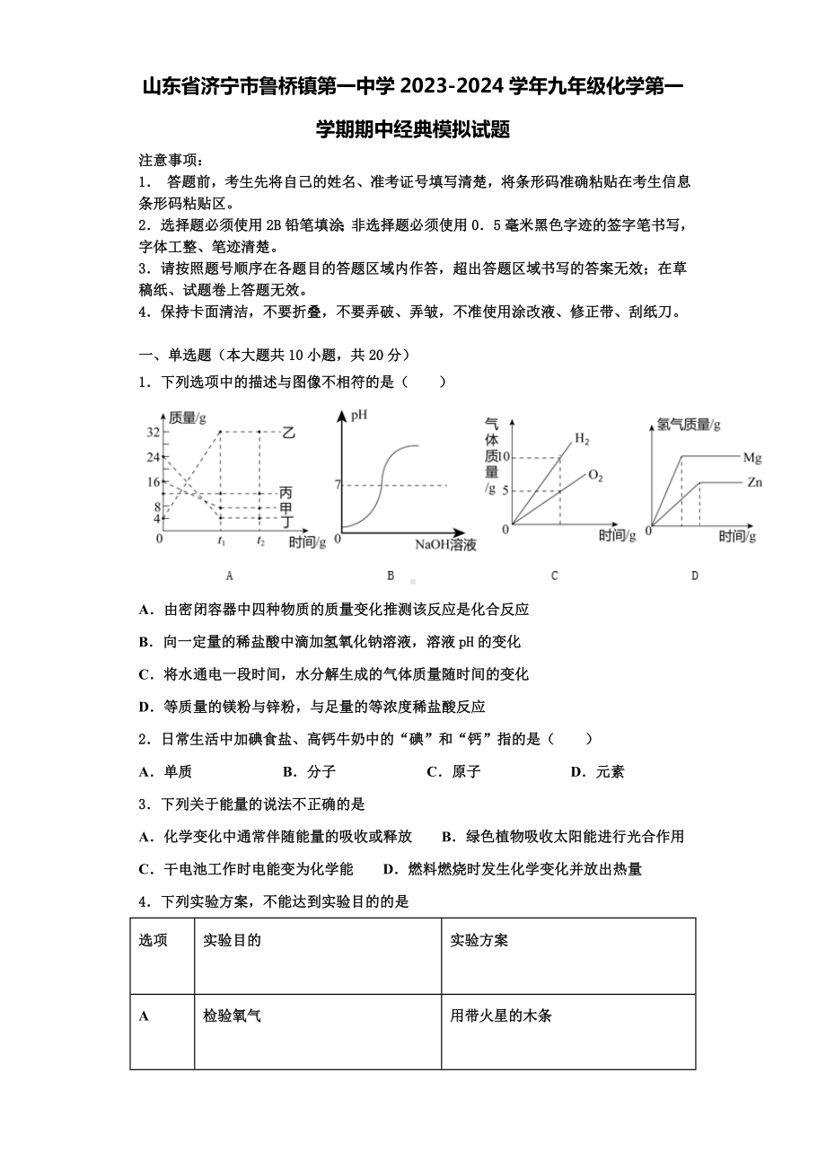 山东省济宁市鲁桥镇第一中学2023-2024学年九年级化学第一学期期中经典模拟试题含解析.doc_第1页