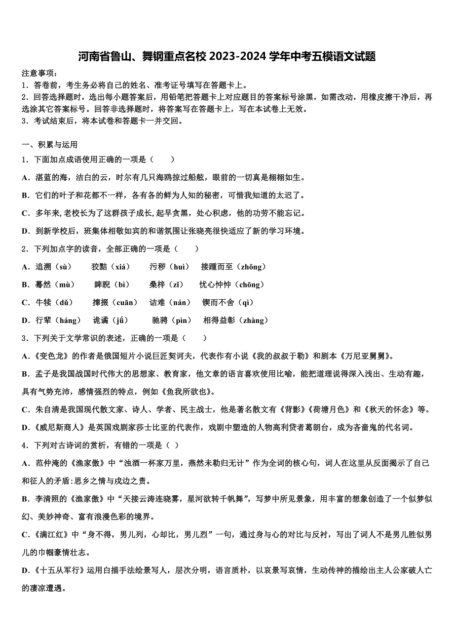 河南省鲁山、舞钢重点名校2023-2024学年中考五模语文试题含解析.doc_第1页