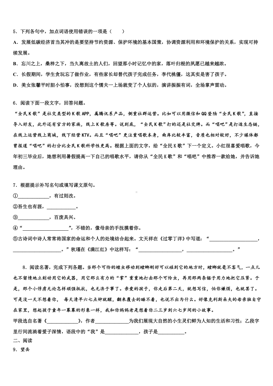 河南省鲁山、舞钢重点名校2023-2024学年中考五模语文试题含解析.doc_第2页