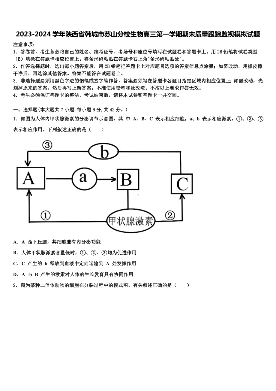 2023-2024学年陕西省韩城市苏山分校生物高三第一学期期末质量跟踪监视模拟试题含解析.doc_第1页