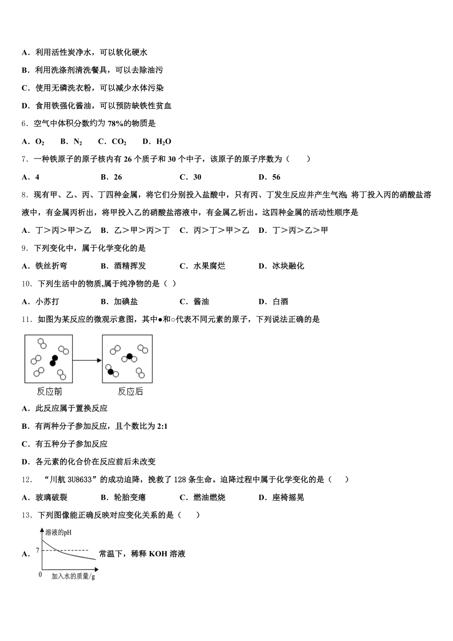 浙江省宁波市海曙区重点中学2024-2025学年初三年级模拟考试(一)化学试题含解析.doc_第2页