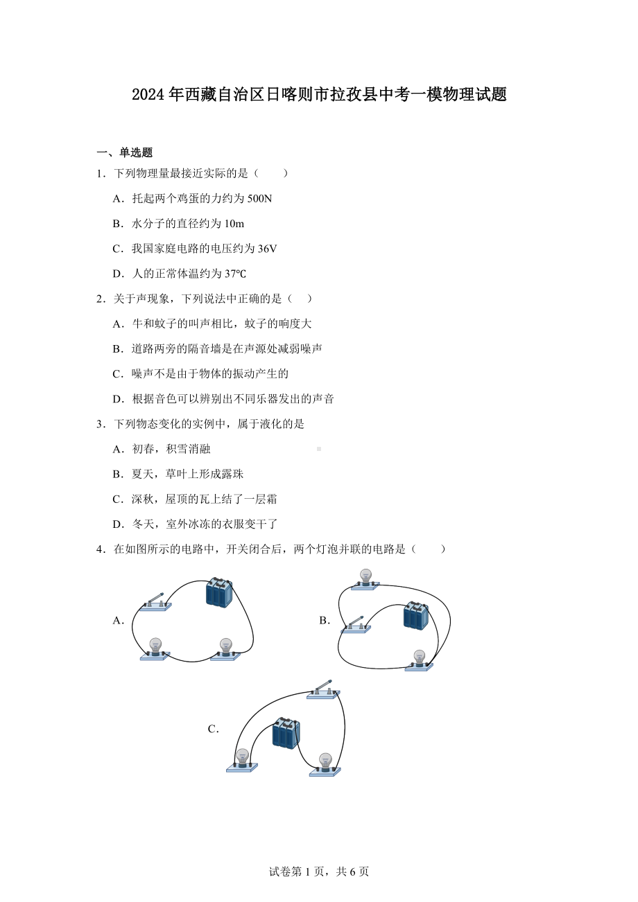 2024年西藏自治区日喀则市拉孜县中考一模物理试题.docx_第1页