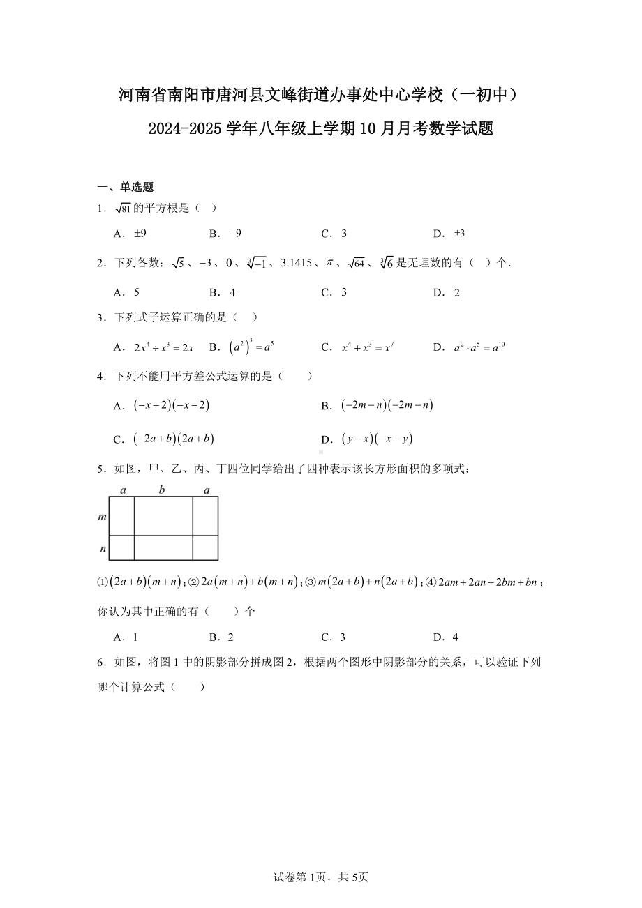 河南省南阳市唐河县文峰街道办事处中心学校(一初中)2024-2025学年八年级上学期10月月考数学试.pdf_第1页