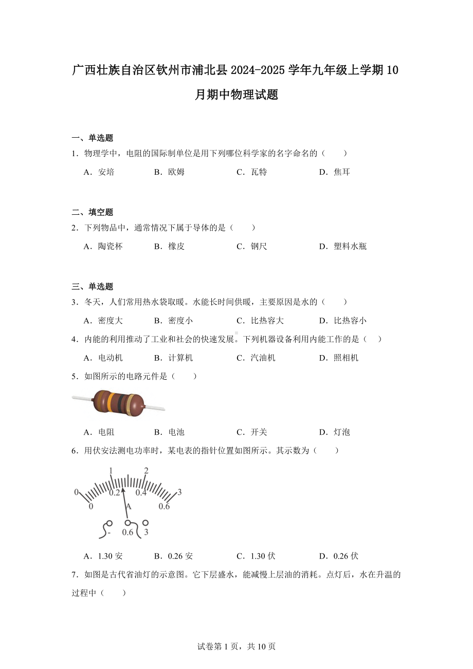 广西壮族自治区钦州市浦北县2024-2025学年九年级上学期10月期中物理试题.docx_第1页