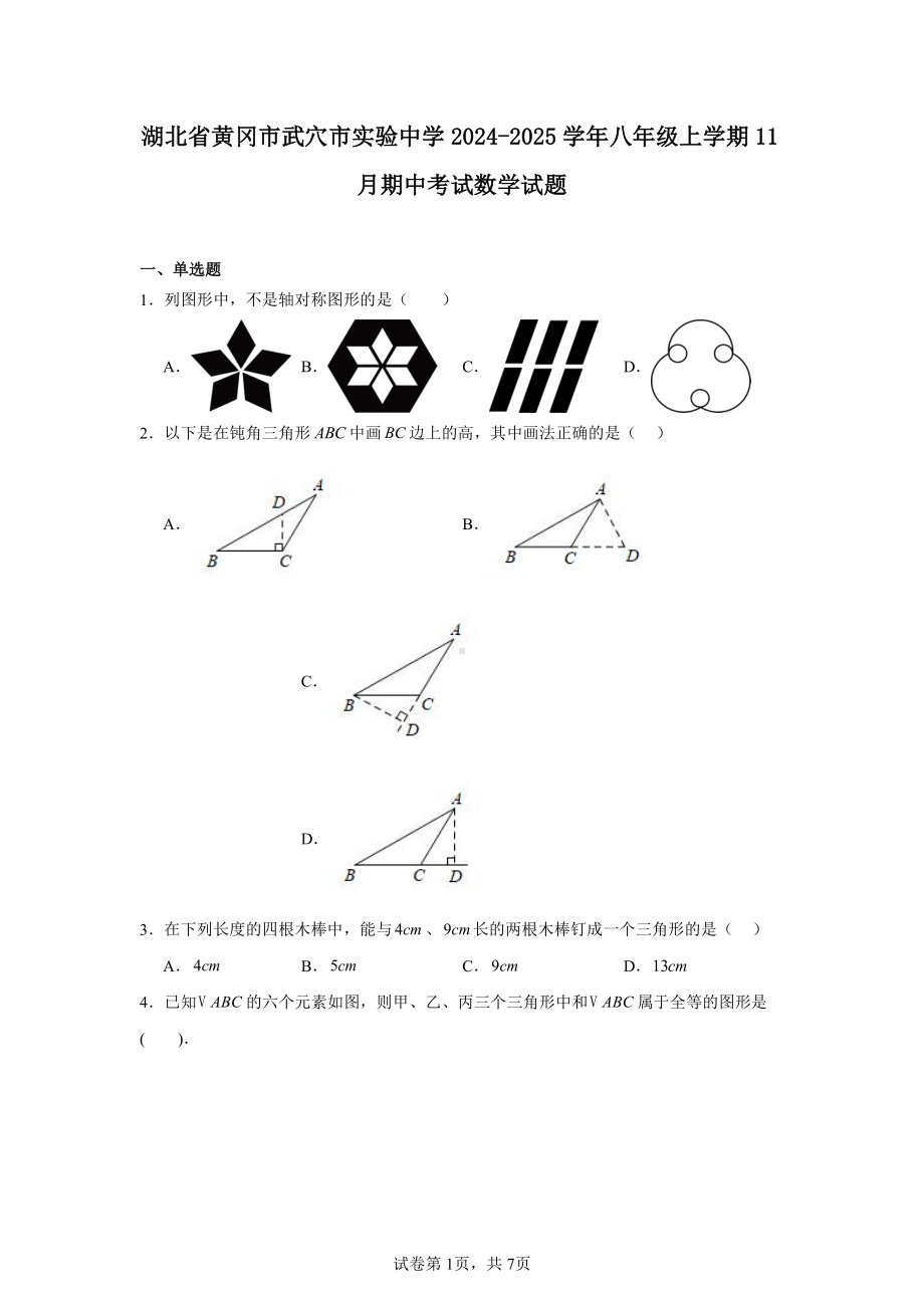 湖北省黄冈市武穴市实验中学2024-2025学年八年级上学期11月期中考试数学试题.pdf_第1页